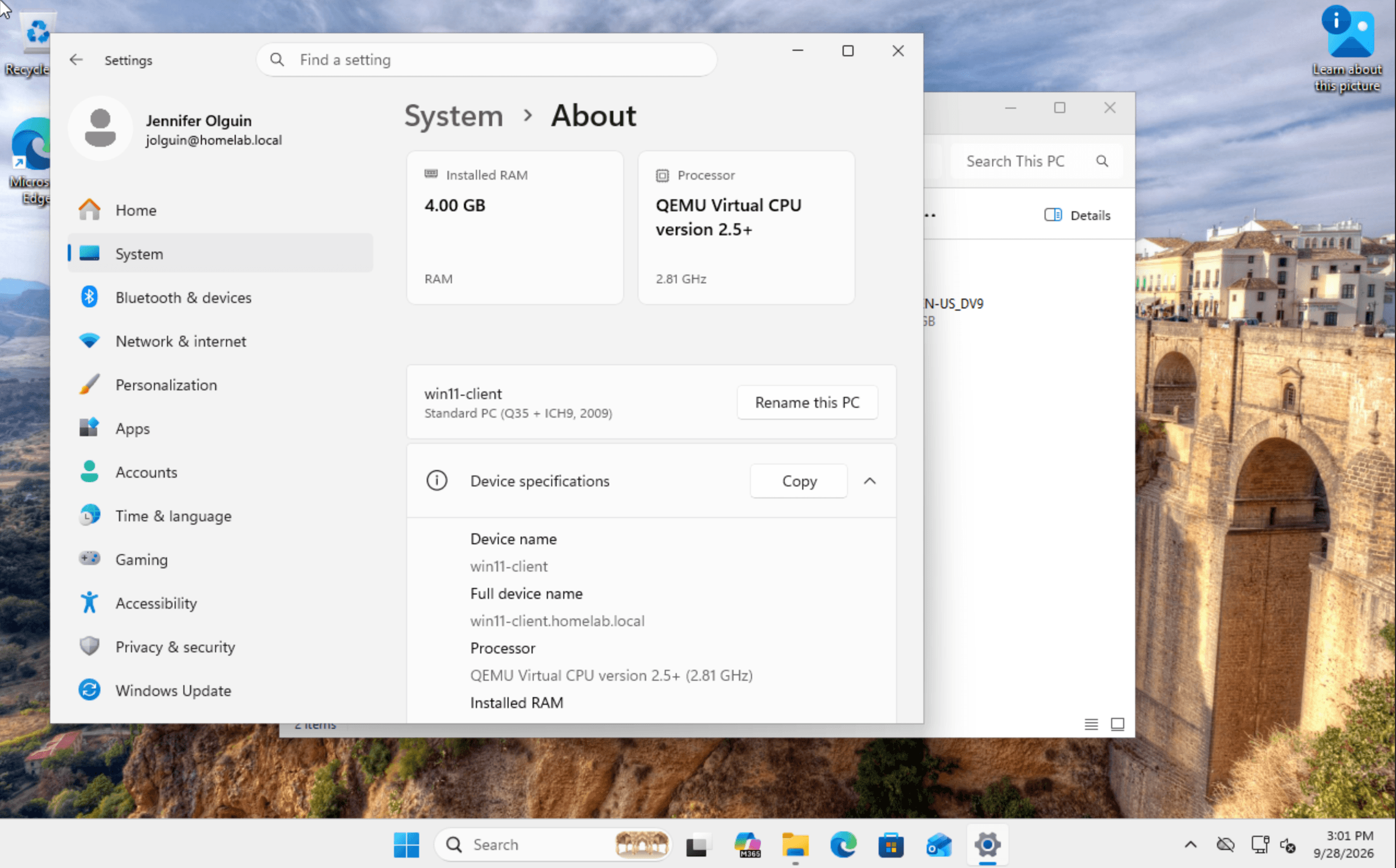 Image of a windows client that is part of my homelab domain